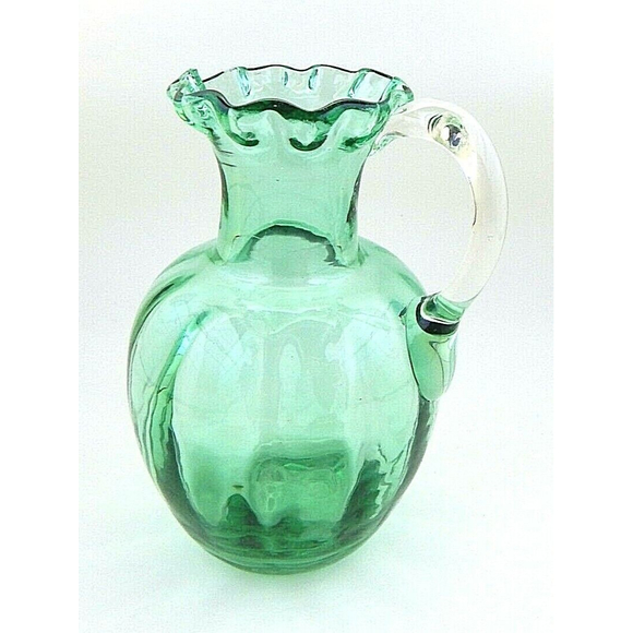 Art Glass Green Hand Blown Glass Small Pitcher Vase Ruffle Top - Picture 7 of 8